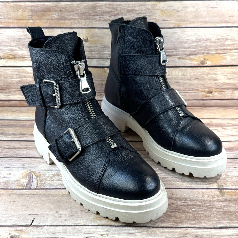 Dolce Vita Womens Black Leather Avari Lug Sole Double Buckle Boots 9